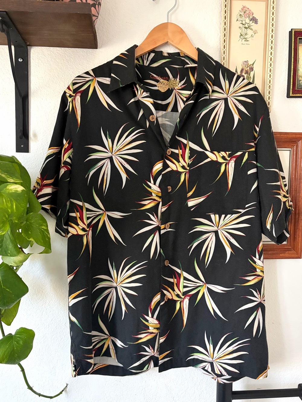 Silk Cotton Blend Black Floral Hawaiian Short-Sleeve Camp Shirt Caribbean Medium